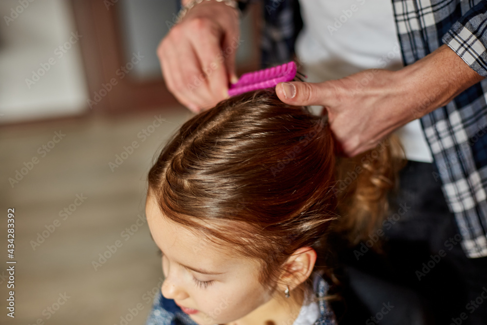 Fototapeta premium Father combing, brushing his daughter's hair at home