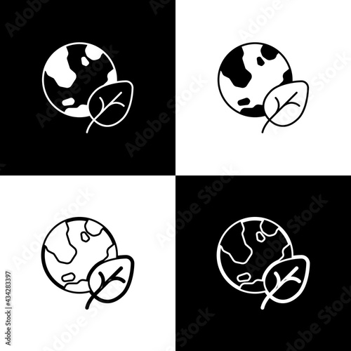 Set Earth globe and leaf icon isolated on black and white background. World or Earth sign. Geometric shapes. Environmental concept. Vector