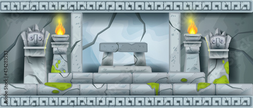Stone temple vector ancient interior background, mayan tomb game background, altar, stone totem face. Mexican palace room, cracked wall, fire, archeological Aztec illustration. Stone temple concept