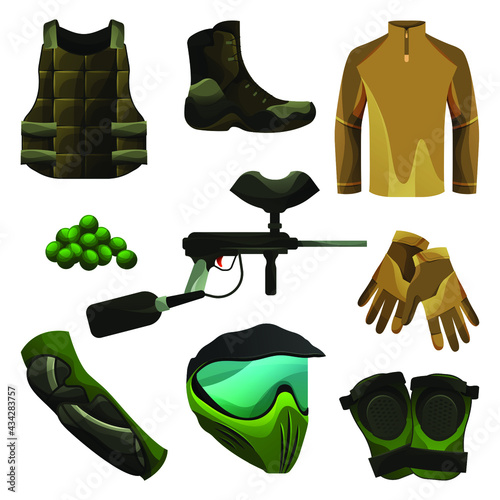 Paintball equipment or game accessories, protection set. Vector icons of paintball marker or gun, mask, paintballs, body protectors or guards, gloves and boots, uniform. Outdoor sport icons.