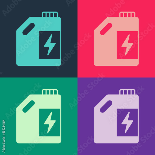 Pop art Eco fuel canister icon isolated on color background. Eco bio and barrel. Green environment and recycle. Vector