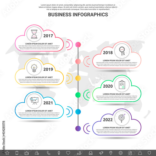 Infographic clouds. Vector line business concept of 6 options. Abstract template with six steps for diagram, web, banner, presentations, flowchart, content, levels, chart