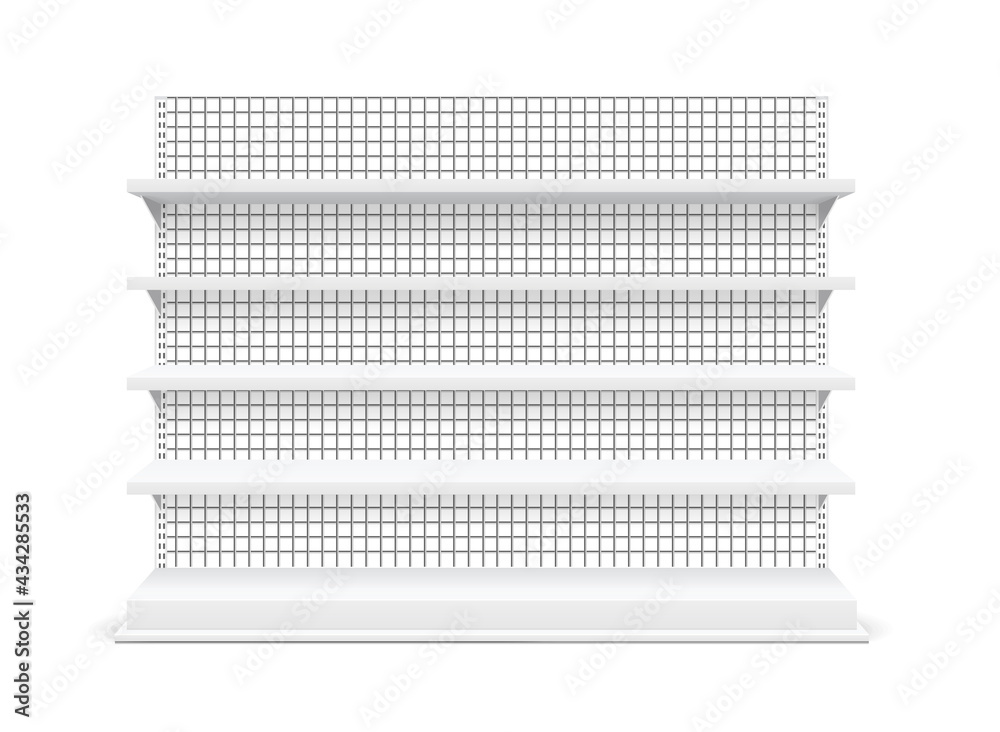 Realistic Detailed 3d White Blank Store Shelves Template Mockup. Vector
