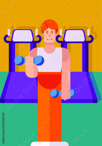 Flat vector illustration of a male character in a gym doing exercises with dumbbells. Sports and a healthy lifestyle at home and in the gym.