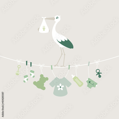 Storch Auf Wäscheleine Babysymbole Unisex Grün Beige