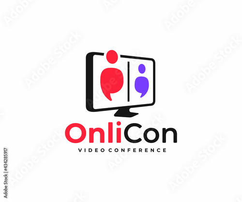 Online video conference logo design. Distance education vector design. Computer screen with two talking people logotype