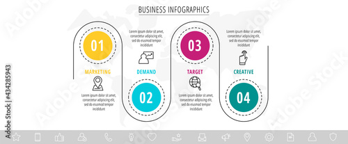 Modern and line vector infographic with icons and four steps. Circles with thin lines for the application, website, chart, levels, diagram, banner, presentations on a white isolated background