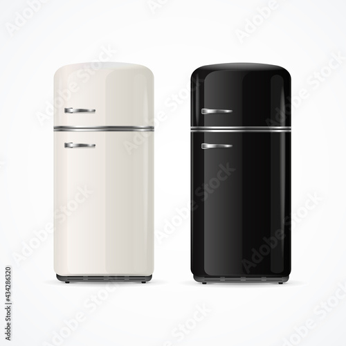 Realistic Detailed 3d Black and White Fridge Set. Vector