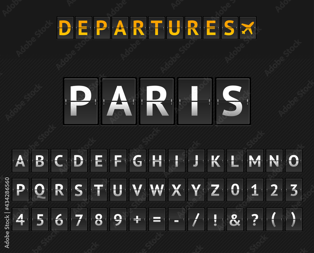 Mechanical Airport Flip Board Paris and Set of Letters and Numbers . Vector Mechanical Airport Flip Board Paris and Set of Letters and Numbers . Vector