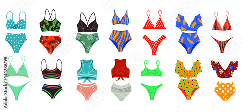 A set of different fashionable swimsuits. Beachwear. Two-piece bathing suits, swimsuits in retro style, sports. Vector Flat Illustration