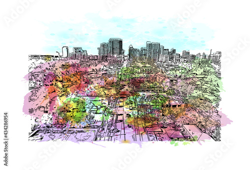 Building view with landmark of Fort Lauderdale is the 
city in Florida. Watercolor splash with hand drawn sketch illustration in vector.