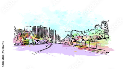 Building view with landmark of Fort Lauderdale is the 
city in Florida. Watercolor splash with hand drawn sketch illustration in vector.