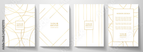 Modern white cover design set. Luxury dynamic gold circle, line pattern. Creative premium stripe vector background for business catalog, brochure template, notebook, invite photo