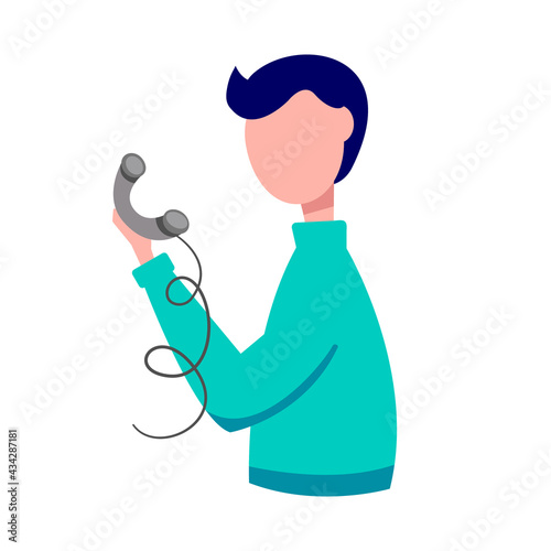 Man with a landline telephone in his hand. Concept illustration for customer support, help, call center. Vector illustration.