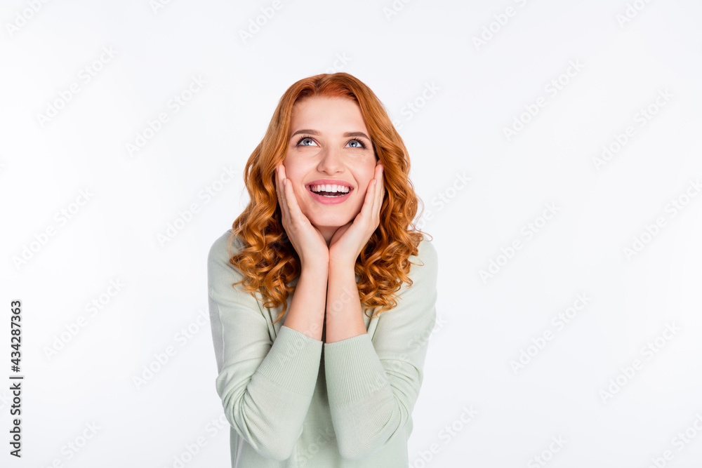 Photo portrait of red haired young girl looking blank space smiling touching cheeks amazed isolated on white color background Photo portrait of red haired young girl looking blank space smiling touching cheeks amazed isolated on white color background