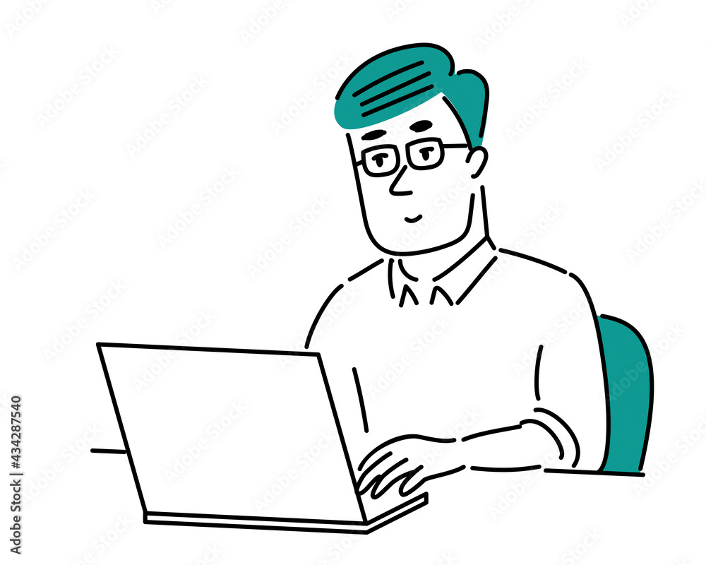 パソコン操作するメガネの男性のイラスト素材