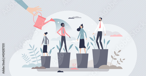 Developing talent and professional training for personal growth tiny person concept. Potential improvement and motivation boost with leader appraisal or encourage as skill watering vector illustration photo