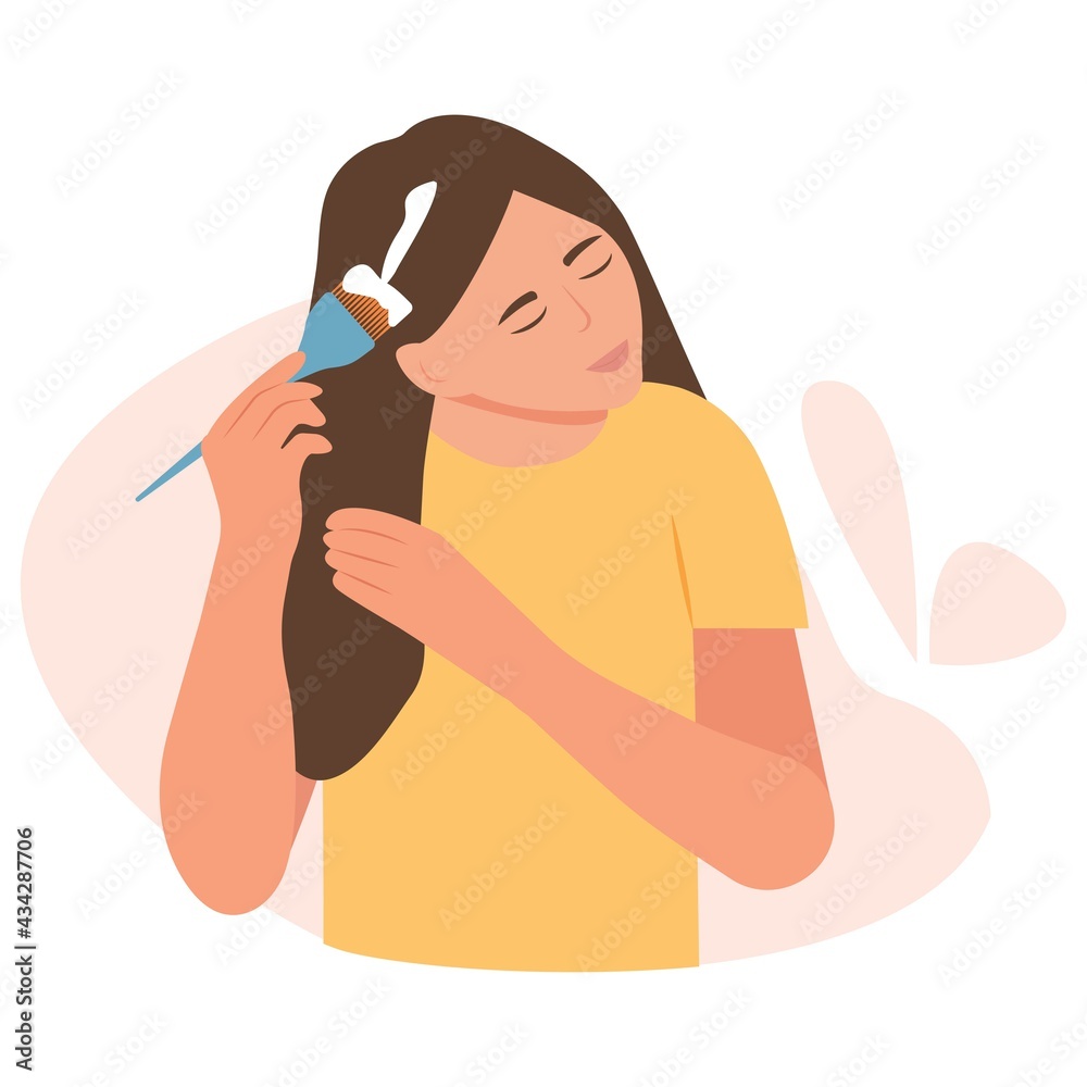 A young woman applies a mask to her hair. Brush in hand. Girl take care about her hair, doing home spa procedure. Flat cartoon style vector illustration. A young woman applies a mask to her hair. Brush in hand. Girl take care about her hair, doing home spa procedure. Flat cartoon style vector illustration.