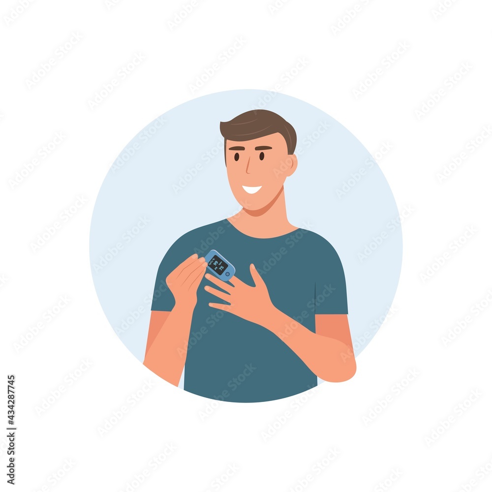 Мan using pulse oximeter device on  Oximeter with normal value.  Digital device to measure oxygen saturation. Vector illustration on white  background Stock Vector | Adobe Stock