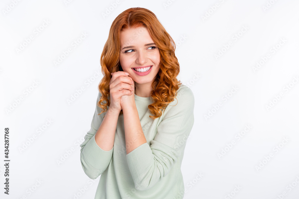 Photo portrait of red haired girl cute overjoyed thankful isolated white color background looking copyspace Photo portrait of red haired girl cute overjoyed thankful isolated white color background looking copyspace