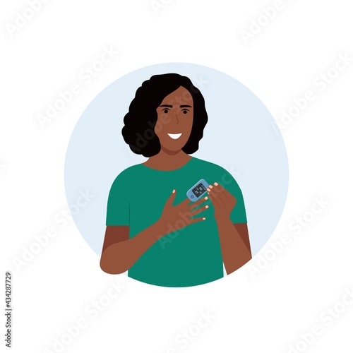 African american woman using pulse oximeter device on finger.Pulse Oximeter with normal value. Digital device to measure oxygen saturation.  Vector illustration on white background