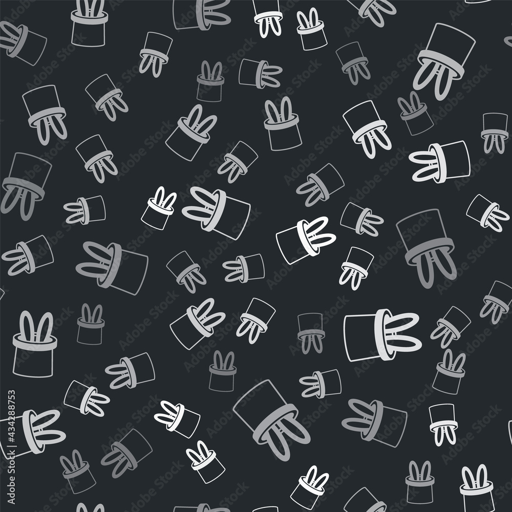 Grey Magician hat and rabbit ears icon isolated seamless pattern on black background. Magic trick. Mystery entertainment concept. Vector Grey Magician hat and rabbit ears icon isolated seamless pattern on black background. Magic trick. Mystery entertainment concept. Vector