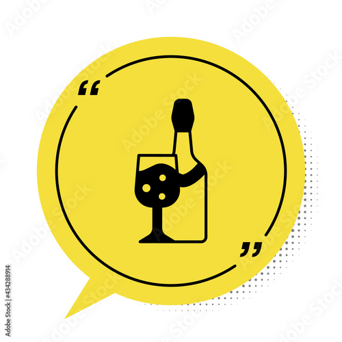 Black Champagne bottle with glass icon isolated on white background. Yellow speech bubble symbol. Vector