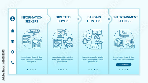 Online consumer behavior onboarding vector template. Responsive mobile website with icons. Web page walkthrough 4 step screens. Directed buyers, bargain hunters color concept with linear illustrations
