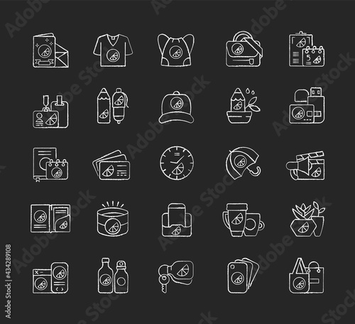 Company branding materials chalk white icons set on black background. Uniquely created stylish house decor. Fashionable clothes and accessories. Isolated vector chalkboard illustrations