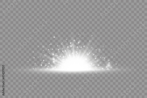 Star explosion, white glow lights sun rays.
