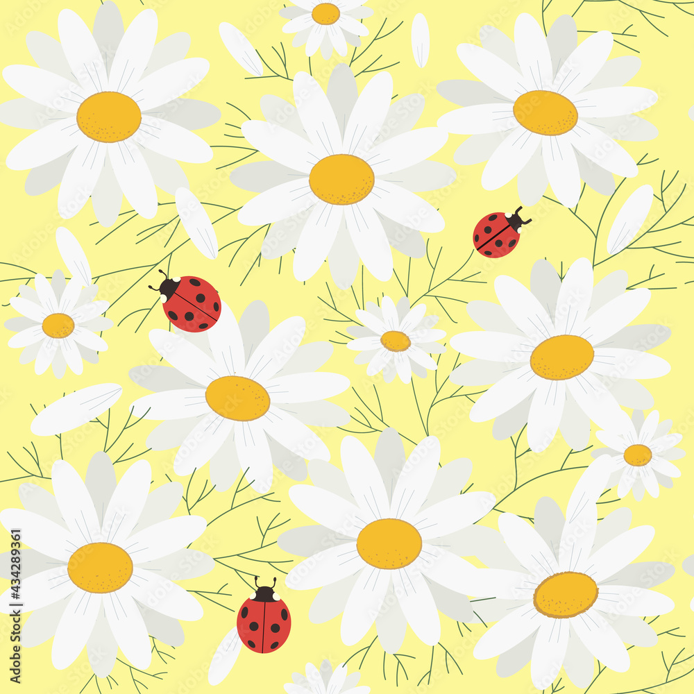 Summer pattern with daisies on a yellow background. Lovely ladybugs add to the mood. Vector file Summer pattern with daisies on a yellow background. Lovely ladybugs add to the mood. Vector file