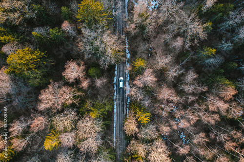 Aerial top down view of silver car driving in off-road way in the forest near Kaunas, Lithuania. photo