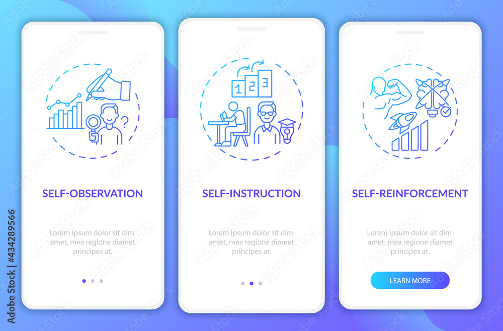 Self-control techniques navy onboarding mobile app page screen with concepts. Personal development walkthrough 3 steps graphic instructions. UI, UX, GUI vector template with linear color illustrations
