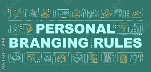 Personal branding rules word concepts banner. Identity development. Infographics with linear icons on dark green background. Isolated typography. Vector outline RGB color illustration