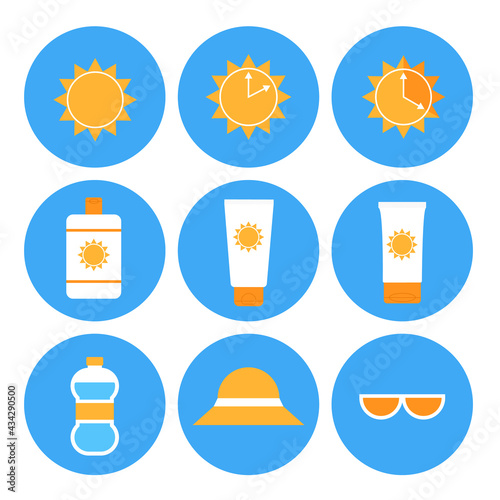 Sun safety spf cream icon set. Summer beach essentials, skin and health care stuff, safe sunbathing time icon collection. Bright colorful simple flat vector elements on blue.Sea travel icon collection