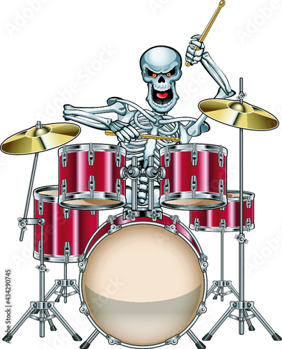 human skeleton playing on drum set