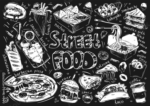 Hand drawn vector illustration. Doodle Street fast food: bao, french fries, sausage bread, barbecue pizza, shawarma, nachos, takoyaki, sandwich, noodles, calzone, burger, taco, sauce, coffee