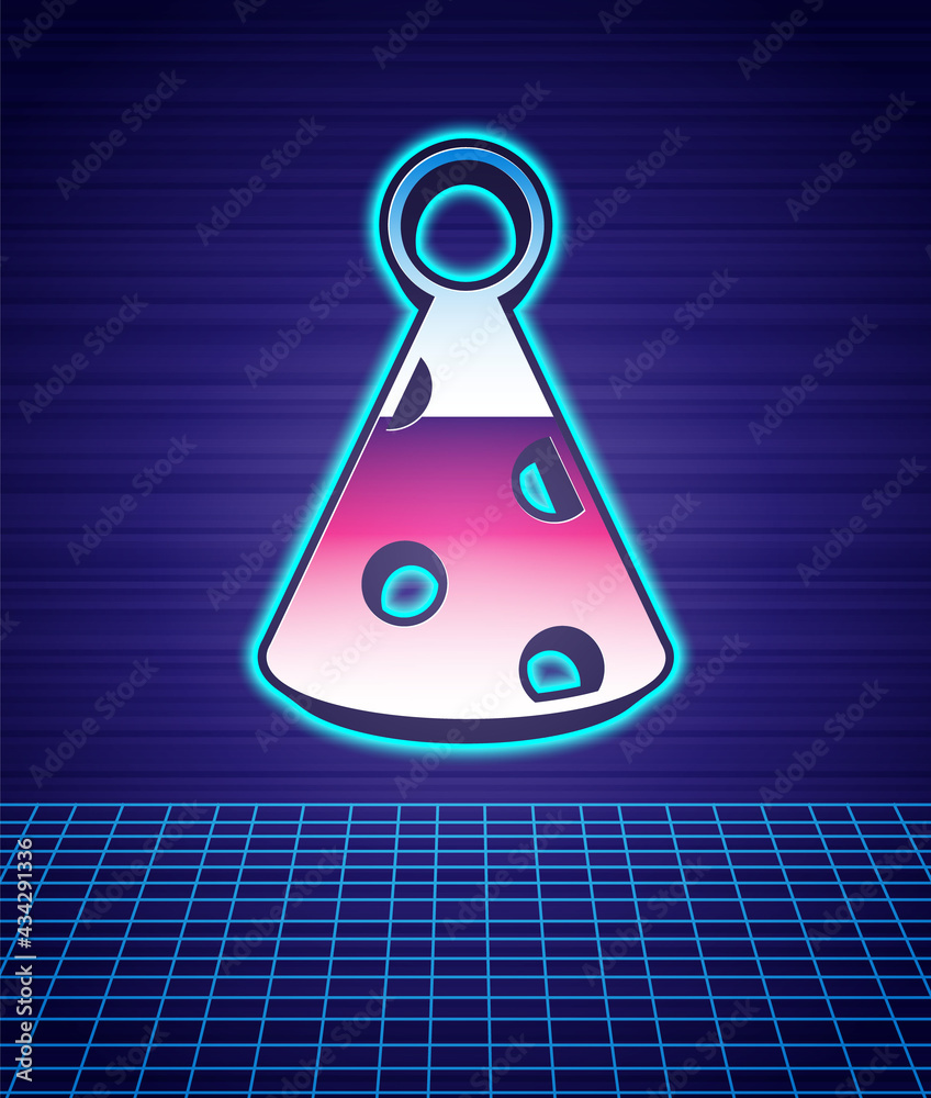 Retro style Party hat icon isolated futuristic landscape background. Birthday hat. 80s fashion party. Vector