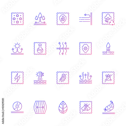 Different types of fabric feature gradient linear vector icons set. Fiber characteristics. Clothing features. Thin line contour symbols bundle. Isolated vector outline illustrations collection