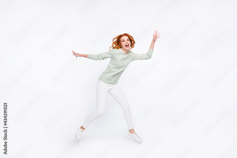 Full length body size photo young woman red hair playing fooling like child isolated white color background