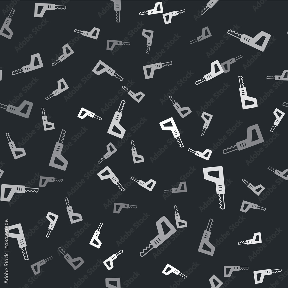 Grey Reciprocating saw and saw blade icon isolated seamless pattern on black background. Vector