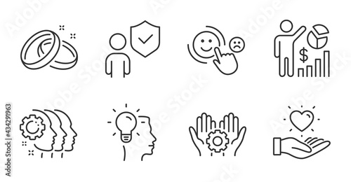 Wedding rings, Hold heart and Employee hand line icons set. Idea, Security and Employees teamwork signs. Customer satisfaction, Seo statistics symbols. Love, Love brand, Work gear. Vector