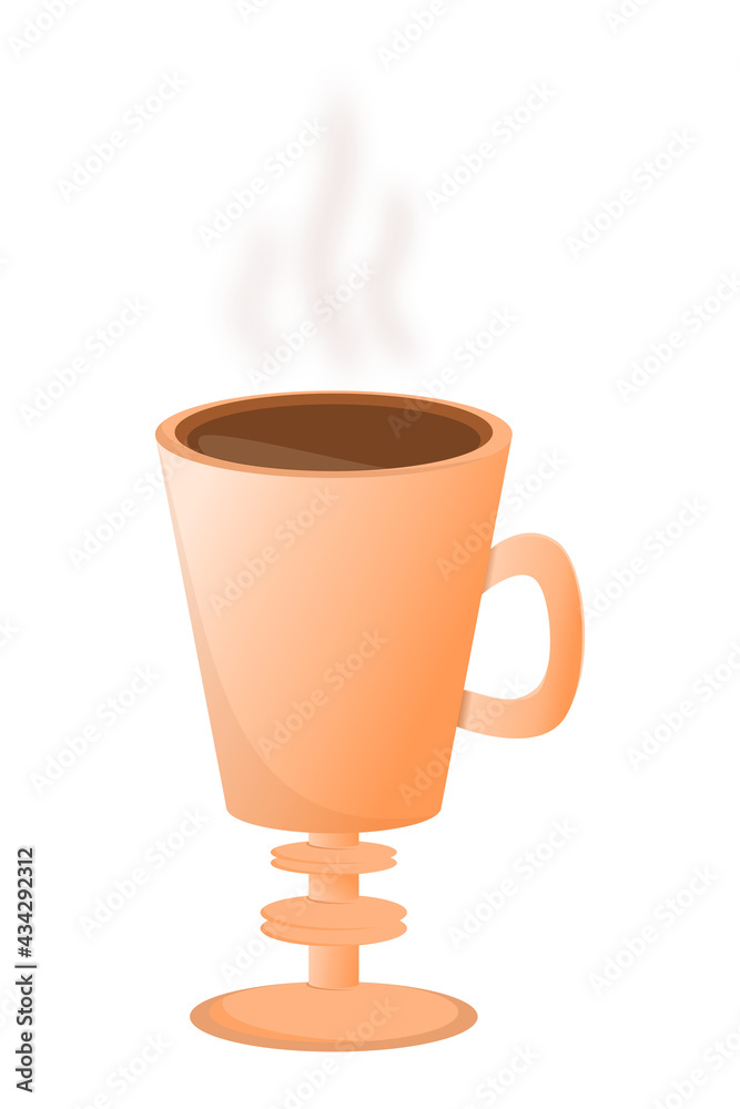 The orange-brown mug on a leg with hot coffee The orange-brown mug on a leg with hot coffee