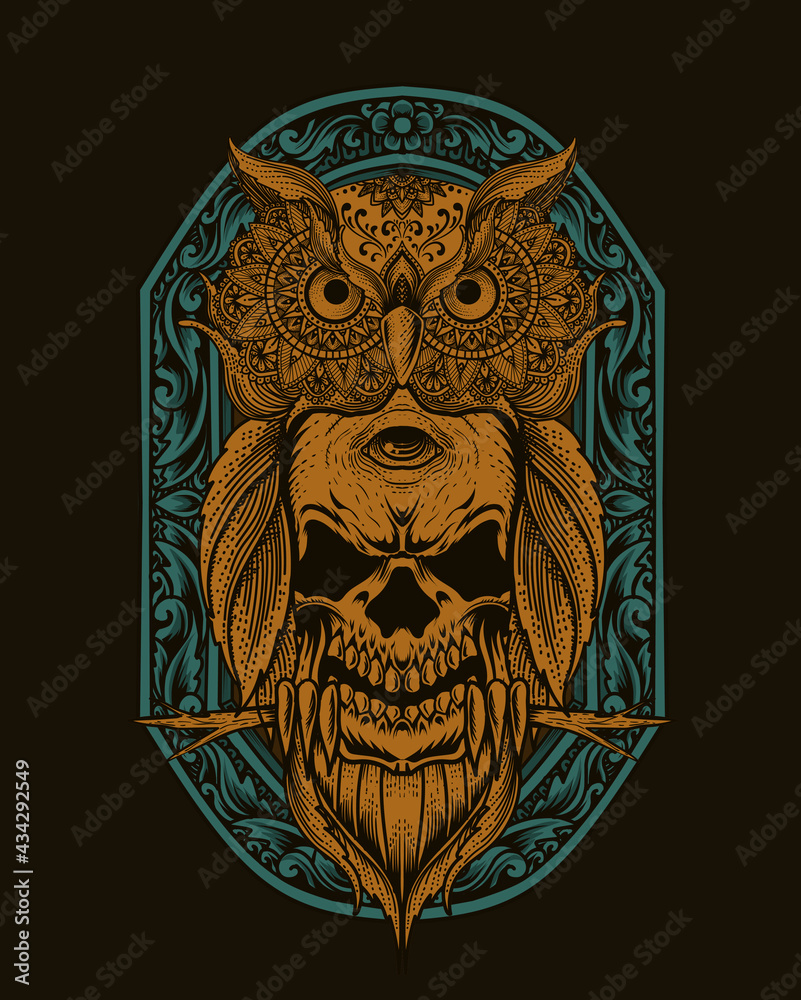 Obraz premium illustration owl bird skull ornament style