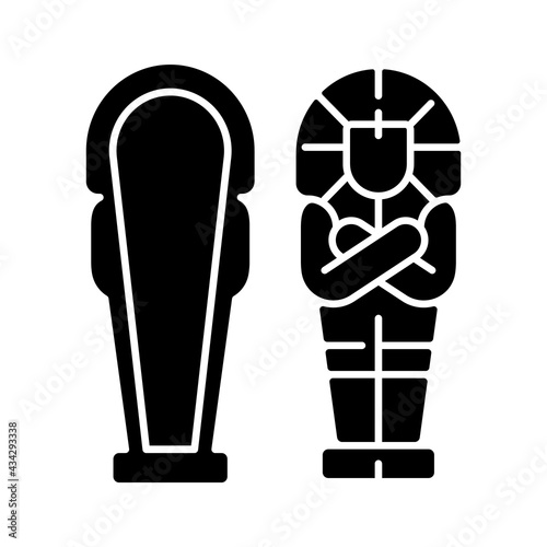 Egyptian sarcophagus black glyph icon. Eternal dwelling for deceased person. Coffin inscribed in hieroglyphs. Grave with burial goods. Silhouette symbol on white space. Vector isolated illustration