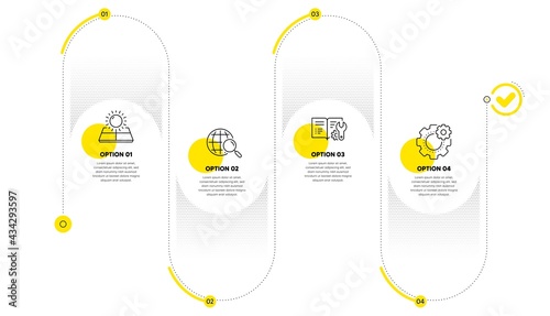 Sun energy, Engineering documentation and Web search line icons set. Timeline process infograph. Cogwheel sign. Solar panels, Manual, Find internet. Engineering tool. Business set. Vector
