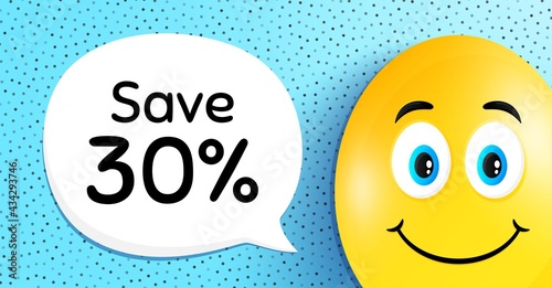 Save 30 percent off. Easter egg with smile face. Sale Discount offer price sign. Special offer symbol. Easter smile character. Discount speech bubble. Yellow egg background. Vector