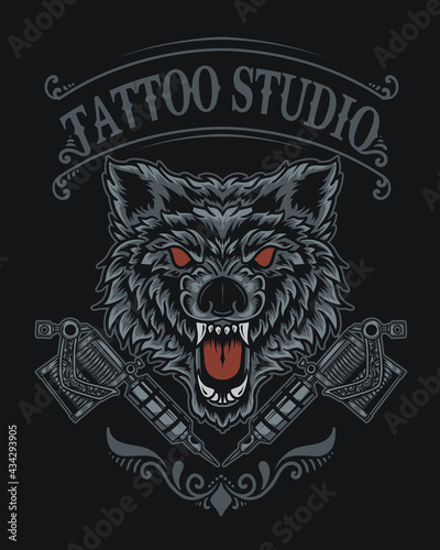 illustration wolf tattoo studio logo