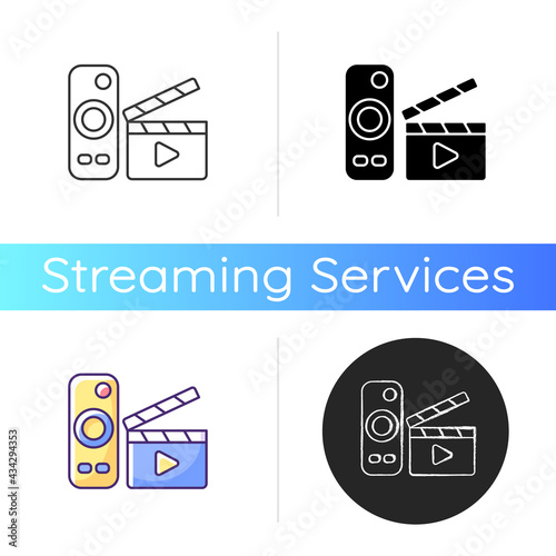 Movies streaming icon. Moving picture on television. TV shows online. Theatre-style movie experience at home. Video platform. Linear black and RGB color styles. Isolated vector illustrations