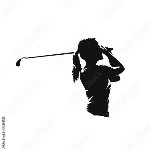 Woman playing golf, isolated vector silhouette. Golf swing, side view